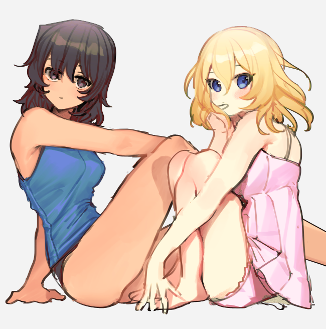 2girls andou_(girls_und_panzer) bangs barefoot black_eyes black_hair blonde_hair blue_eyes blue_tank_top blush breasts dark-skinned_female dark_skin dress from_side girls_und_panzer grey_background hair_between_eyes head_tilt lingerie looking_at_viewer medium_breasts medium_hair multiple_girls negligee oshida_(girls_und_panzer) pink_dress sitting tan_(inka) tank_top underwear