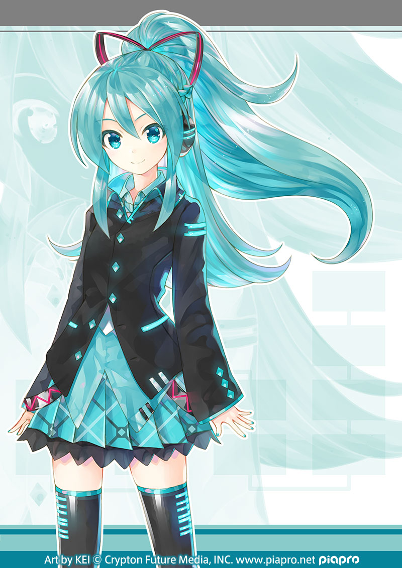 1girl alternate_costume alternate_hairstyle aqua_eyes aqua_hair aqua_nails aqua_skirt bangs belt beta_miku black_legwear black_ribbon black_shirt cowboy_shot crypton_future_media hair_between_eyes hair_ribbon hatsune_miku headphones kei_(keigarou) long_hair long_sleeves looking_at_viewer miniskirt nail_polish official_art piano_print piapro plaid plaid_skirt pleated_skirt ponytail ribbon shirt skindentation skirt smile solo striped striped_ribbon thigh-highs vocaloid vocaloid_boxart_pose zettai_ryouiki zoom_layer