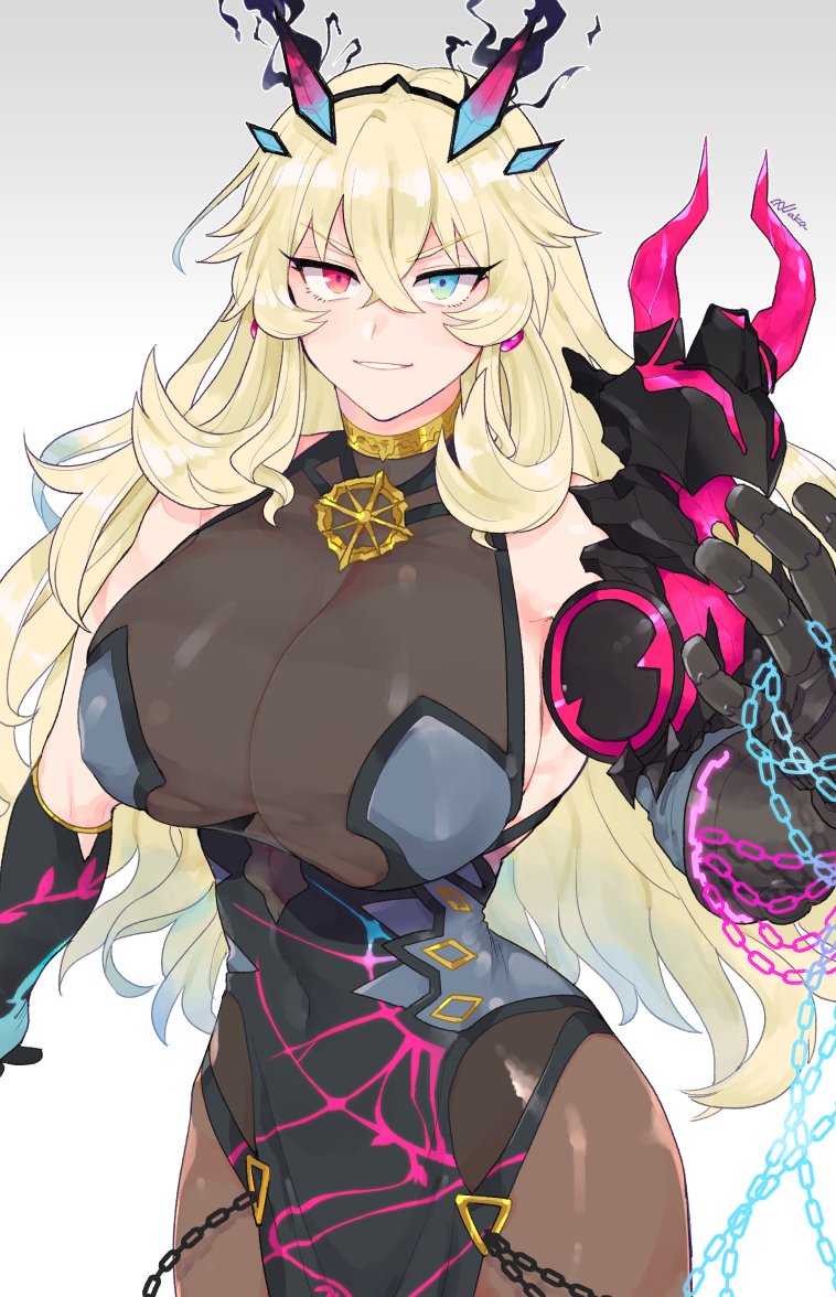 1girl black_dress blonde_hair breasts chain covered_navel dress fate/grand_order fate_(series) gauntlets gawain_(fairy_knight)_(fate) gradient gradient_background heterochromia huge_breasts long_hair shitappa signature single_gauntlet