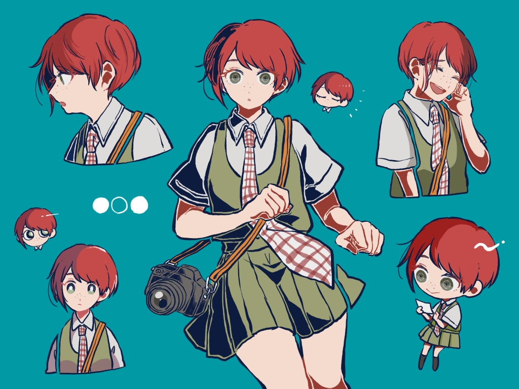 1girl :o bare_arms bare_legs blue_background camera camera_on_neck chibi closed_eyes collage commentary_request cowboy_shot dangan_ronpa_(series) dangan_ronpa_2:_goodbye_despair dress freckles full_body green_dress green_eyes hand_on_own_cheek hand_on_own_face happy kiri_(2htkz) koizumi_mahiru looking_at_object looking_at_viewer multiple_views necktie open_mouth plaid_neckwear profile redhead short_hair short_sleeves simple_background surprised upper_body