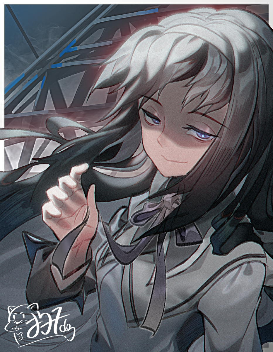 1girl akemi_homura arm_at_side backlighting black_hair black_hairband black_theme capelet close-up closed_eyes dutch_angle evil_smile eyebrows_visible_through_hair flat_chest floating_hair from_above gou_zi_(dog) grey_capelet grey_theme hairband half-closed_eyes hand_up highres holding holding_clothes holding_ribbon jitome long_hair long_sleeves looking_at_viewer looking_up mahou_shoujo_madoka_magica neck_ribbon purple_ribbon ribbon shadow sideways_glance signature smile solo transmission_tower upper_body violet_eyes