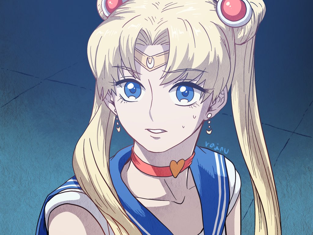 1girl bangs bishoujo_senshi_sailor_moon blonde_hair blue_eyes choker commentary_request derivative_work double_bun earrings hair_ornament jewelry kim_rodel korean_commentary long_hair looking_at_viewer parted_bangs red_choker sailor_collar sailor_moon sailor_moon_redraw_challenge sailor_senshi_uniform screencap_redraw solo sweat tsukino_usagi twintails upper_body