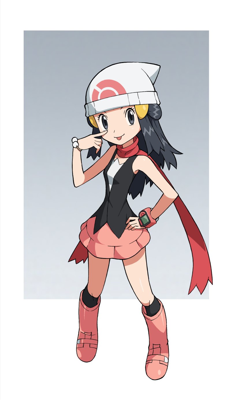 1girl beanie black_hair black_legwear boots border bracelet closed_mouth hikari_(pokemon) eyelashes full_body grey_background grey_eyes hair_ornament hairclip hand_on_hip hand_up hat highres jewelry kneehighs knees long_hair looking_at_viewer outside_border pink_footwear pokemon pokemon_(game) pokemon_dppt red_scarf scarf sleeveless smile solo standing tongue tongue_out white_border white_headwear yoshi_(moco1)