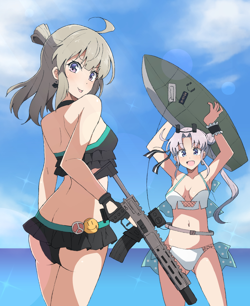 2girls ahoge akitsushima_(kancolle) arms_up ass badge bangs beach bikini black_bikini blush breasts clouds commission crossover day earrings eyebrows_visible_through_hair eyewear_on_head girls_frontline gun hair_bun hair_ribbon head_tilt highres holding holding_gun holding_weapon honey_badger_(girls_frontline) honey_badger_(gun) jewelry kantai_collection long_hair looking_at_viewer medium_breasts multiple_girls nel-c ocean open_mouth outdoors polka_dot ponytail ribbon sidelocks skeb_commission sky sparkle sunglasses surfboard swimsuit tongue tongue_out violet_eyes weapon white_bikini