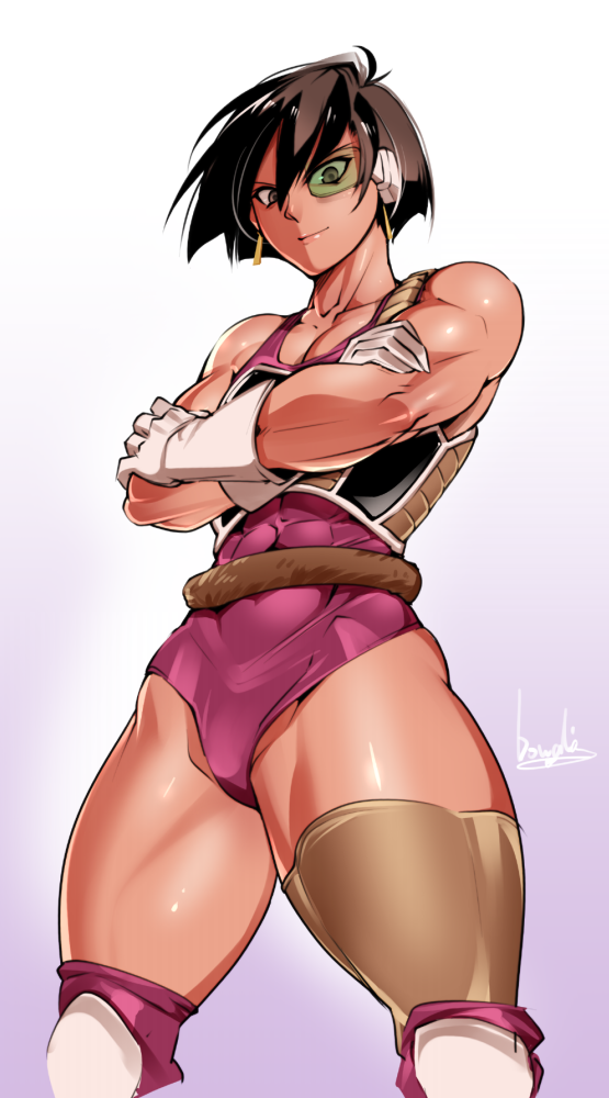 1girl armor black_hair boots bowalia dragon_ball dragon_ball_(classic) gloves gradient gradient_background leotard looking_at_viewer muscular saiyan_armor scouter seripa short_hair simple_background spiky_hair tail