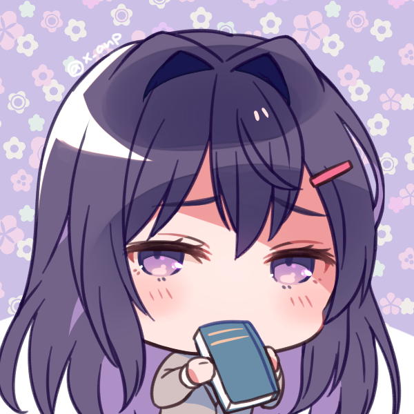 1girl aicedrop bangs blush book book_to_mouth breasts covering_mouth doki_doki_literature_club eyebrows_visible_through_hair hair_between_eyes hair_ornament hairclip holding holding_book long_hair long_sleeves looking_at_viewer purple_hair ribbon simple_background smile solo sweater very_long_hair violet_eyes yuri_(doki_doki_literature_club)