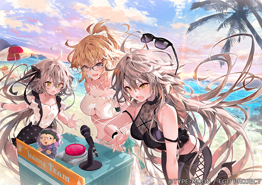 4girls arutera bangs banned_artist beach blonde_hair blue_eyes blue_sky blush breasts fate/apocrypha fate/grand_order fate/zero fate_(series) fujimaru_ritsuka_(female) gilles_de_rais_(caster)_(fate) glasses jeanne_d'arc_(alter)_(fate) jeanne_d'arc_(fate) jeanne_d'arc_(fate)_(all) jeanne_d'arc_alter_santa_lily_(fate) large_breasts long_hair looking_at_viewer microphone multiple_girls open_mouth palm_tree silver_hair sky smile stuffed_toy tree very_long_hair yellow_eyes