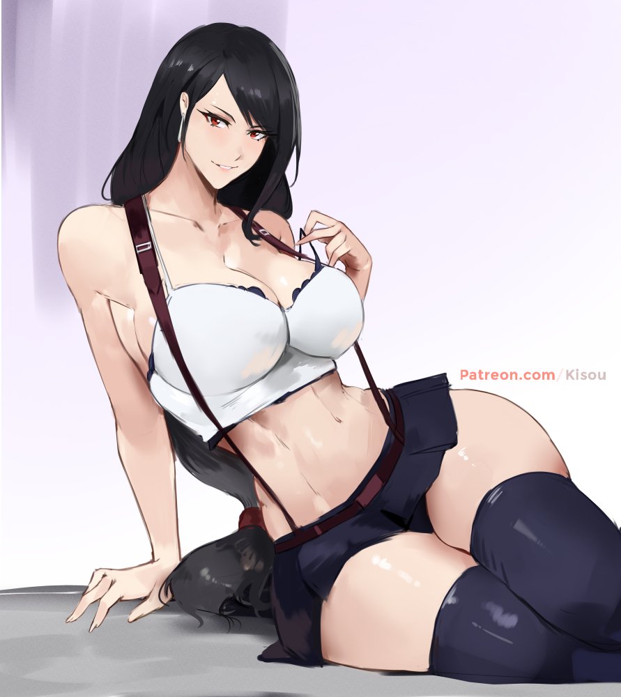 1girl arm_support black_hair black_skirt bra bra_peek final_fantasy final_fantasy_vii final_fantasy_vii_remake kisou_(kisou00) long_hair looking_at_viewer lying midriff miniskirt narrow_waist on_side red_eyes sitting skirt solo strap_pull suspender_skirt suspenders tank_top thigh-highs tifa_lockhart underwear