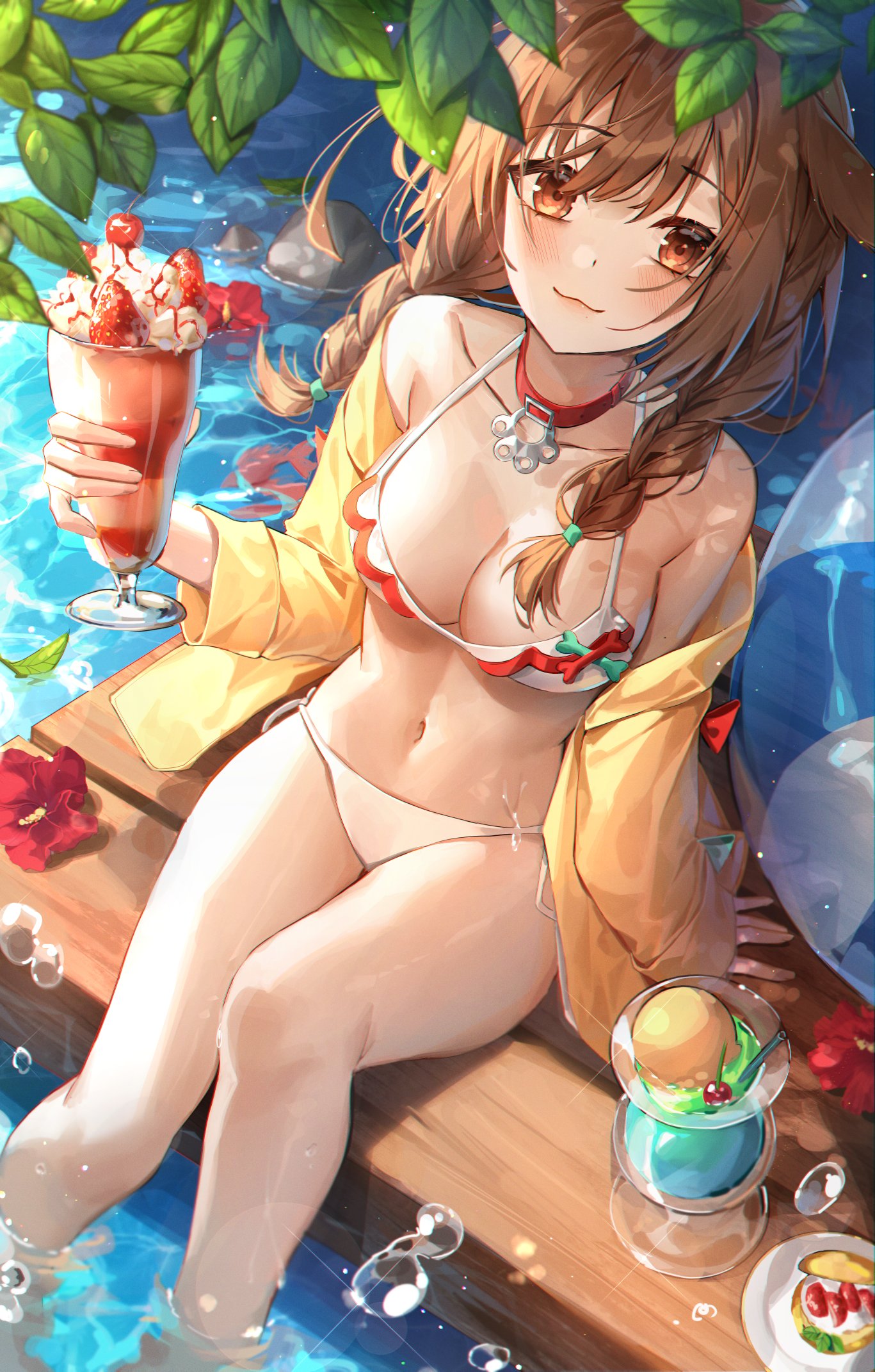 animal_collar animal_ears ball bangs beachball bikini braid breasts brown_eyes brown_hair closed_eyes clothes_down collar cup dessert dog_ears dog_girl drink drinking_glass drinking_straw eyebrows_visible_through_hair flower food from_above fruit_cup highres holding holding_cup holding_food hololive ice_cream inugami_korone leaf legs light_smile long_hair looking_at_viewer medium_breasts minttchocok navel shadow sitting soaking_feet swimsuit twin_braids water_drop wet white_bikini
