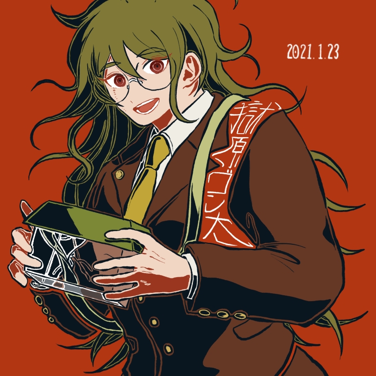 1boy :d bangs brown_jacket collared_shirt commentary_request dangan_ronpa_(series) dangan_ronpa_v3:_killing_harmony dated eyebrows_visible_through_hair glasses gokuhara_gonta green_hair hair_between_eyes happy holding insect_cage jacket kiri_(2htkz) long_hair long_sleeves looking_at_viewer male_focus messy_hair necktie open_mouth orange_background red_background red_eyes rimless_eyewear round_eyewear shirt simple_background smile solo teeth translation_request upper_body white_shirt