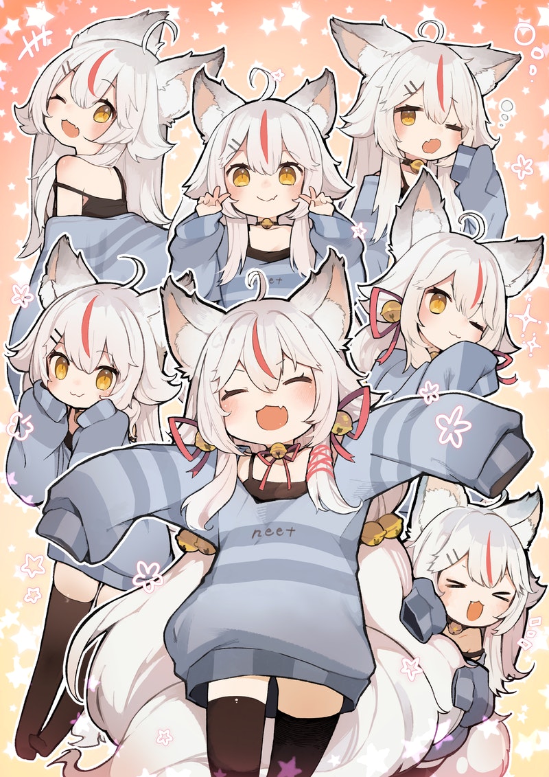 1girl :3 ^_^ animal_ears bangs bell black_tank_top blue_sweater brown_eyes closed_eyes double_v fang flat_chest fox_ears fox_girl fox_tail indie_virtual_youtuber kamiko_kana long_hair looking_at_viewer multicolored_hair multiple_views neck_bell one_eye_closed open_mouth sakutake_(ue3sayu) smile streaked_hair striped striped_sweater sweater tail tank_top thigh-highs v very_long_hair virtual_youtuber