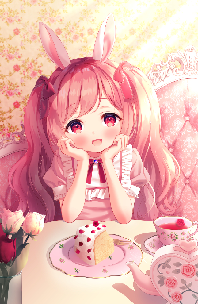 1girl :d animal_ears bangs blush bow cake cake_slice child chitosezaka_suzu commentary_request couch cup dress eyebrows_visible_through_hair flower flower_on_liquid food fork frills hair_bow hands_up indoors long_hair looking_at_viewer on_couch open_mouth original pink_dress pink_hair plate puffy_short_sleeves puffy_sleeves rabbit_ears red_bow red_eyes red_flower red_rose rose short_sleeves smile solo table teacup teapot twintails upper_body white_flower white_rose