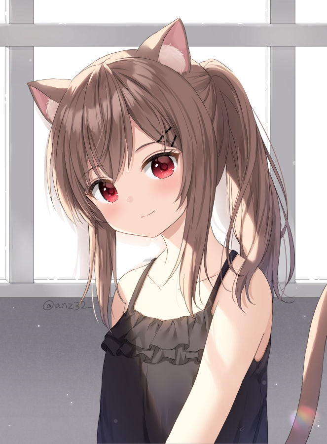 1girl animal_ear_fluff animal_ears anz32 bangs bare_shoulders black_camisole blush brown_hair camisole cat_ears cat_girl cat_tail closed_mouth collarbone commentary_request eyebrows_visible_through_hair hair_between_eyes head_tilt indoors long_hair original ponytail red_eyes smile solo tail tail_raised twitter_username upper_body window