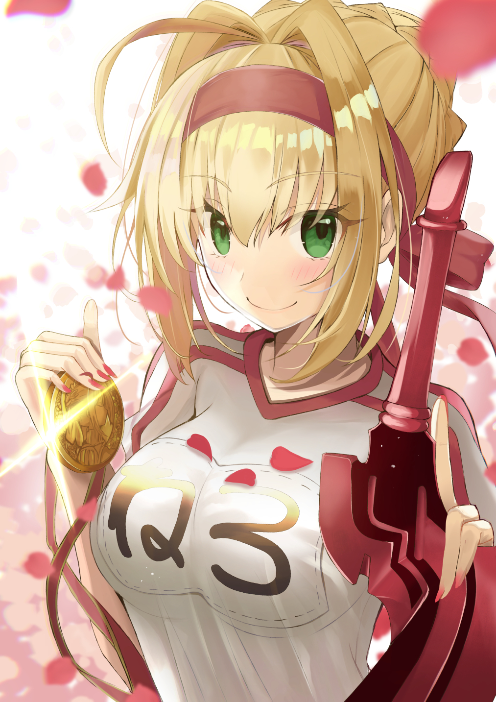 1girl aestus_estus ahoge alternate_costume bangs blonde_hair blush braid breasts closed_mouth commentary_request eyebrows_visible_through_hair fate/extra fate/grand_order fate_(series) fingernails french_braid green_eyes gym_shirt hair_between_eyes hair_bun hair_ornament headband highres holding holding_sword holding_weapon large_breasts looking_at_viewer medal nail_polish neko_daruma nero_claudius_(fate) nero_claudius_(fate)_(all) olympian_bloomers petals red_nails shirt short_hair sidelocks smile solo sword weapon white_shirt