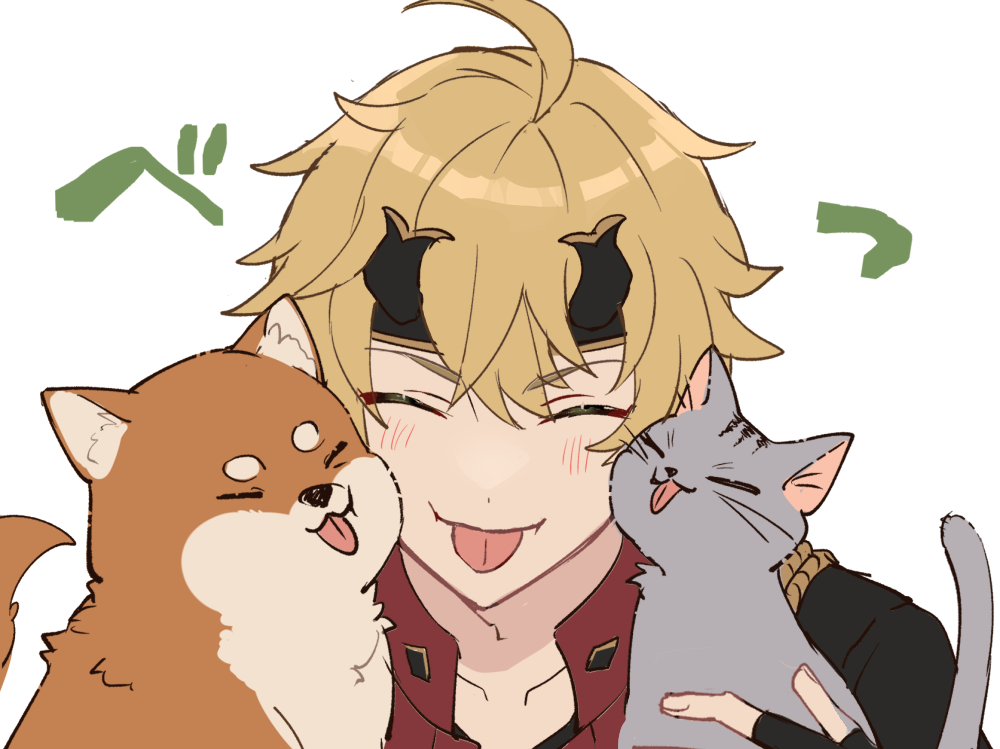 1boy ahoge animal bangs black_gloves black_headband blonde_hair blush cat closed_eyes dog fingerless_gloves genshin_impact gloves headband horned_headwear male_focus miz_003 shiba_inu simple_background tohama_(genshin_impact) tongue tongue_out upper_body white_background