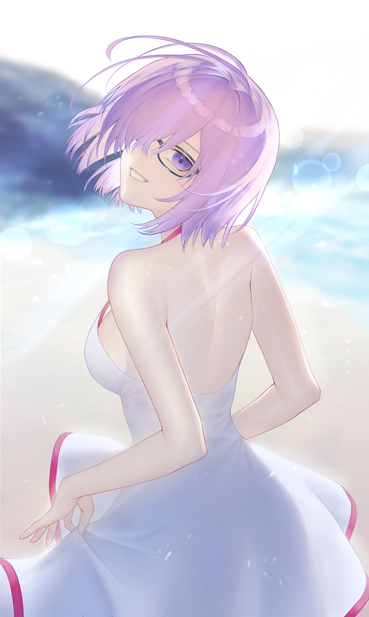 1girl bangs bare_shoulders breasts dmith dress_swimsuit fate/grand_order fate_(series) glasses hair_over_one_eye highres large_breasts light_purple_hair looking_at_viewer looking_back mash_kyrielight short_hair smile swimsuit swimsuit_of_perpetual_summer thighs violet_eyes white_swimsuit