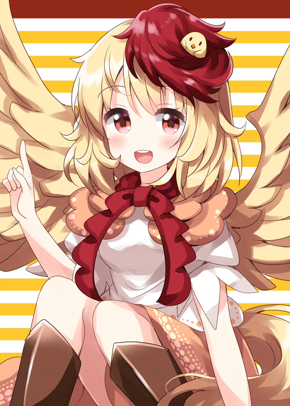 1girl :d animal_on_head bangs bird bird_on_head bird_wings blonde_hair boots brown_footwear chick dress eyebrows_visible_through_hair highres index_finger_raised knees_up looking_at_viewer multicolored multicolored_background multicolored_hair niwatari_kutaka on_head open_mouth orange_skirt pointing pointing_up red_eyes redhead ruu_(tksymkw) short_hair short_sleeves sitting skirt smile striped striped_background touhou two-tone_hair white_background white_dress wings yellow_background yellow_wings