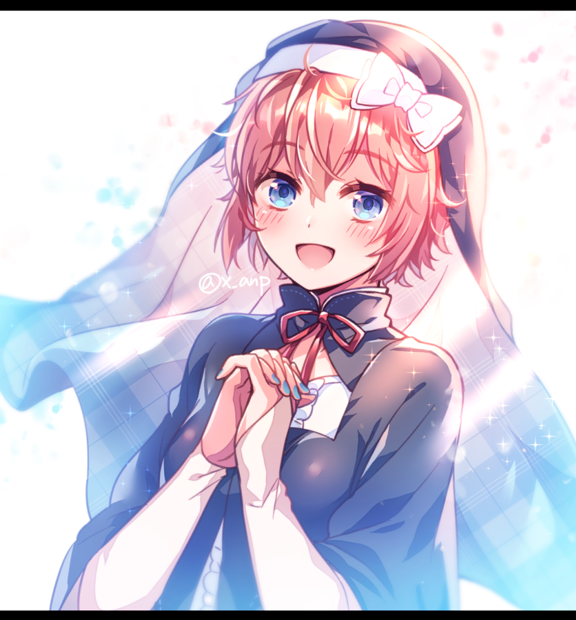 1girl aicedrop blue_eyes bow brown_hair doki_doki_literature_club eyebrows_visible_through_hair habit hair_bow hands_clasped looking_at_viewer nun open_mouth own_hands_together pink_hair red_bow ribbon sayori_(doki_doki_literature_club) short_hair smile solo