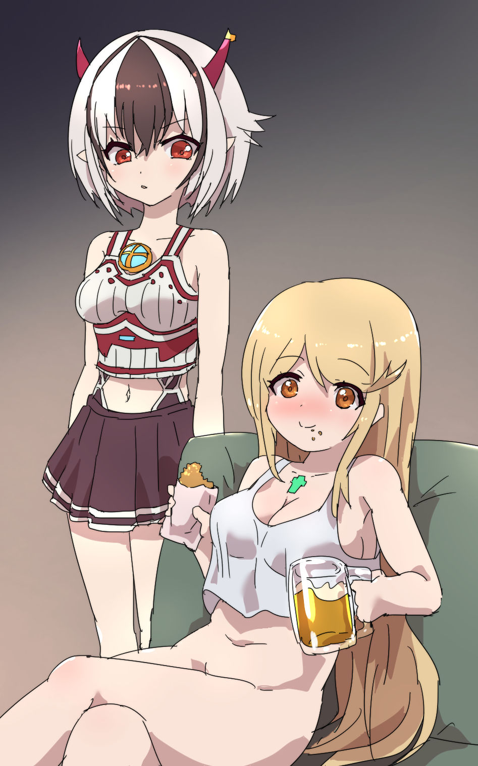 2girls alcohol bangs beer blonde_hair breasts chest_jewel crossette_(xenoblade) highres horns large_breasts long_hair miniskirt multicolored_hair multiple_girls mythra_(xenoblade) nke_toumi no_panties pointy_ears red_eyes skirt swept_bangs very_long_hair xenoblade_chronicles_(series) xenoblade_chronicles_2 yellow_eyes