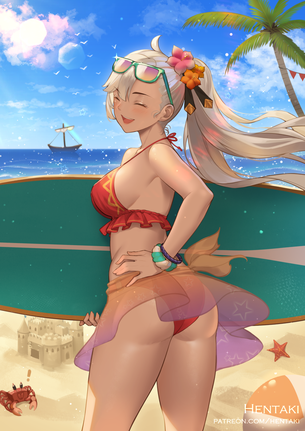 ! 1girl animal artist_name ass ball beachball bikini boat breasts commentary crab dragalia_lost english_commentary eyewear_on_head floating_hair flower green-framed_eyewear grey_hair hair_flower hair_ornament hand_on_hip hentaki highres horizon illia_(dragalia_lost) long_hair medium_breasts ocean orange_flower palm_tree pennant ponytail red_bikini red_flower sand_castle sand_sculpture see-through sideboob solo string_of_flags summer sunglasses surfboard swimsuit tree very_long_hair water watercraft watermark web_address
