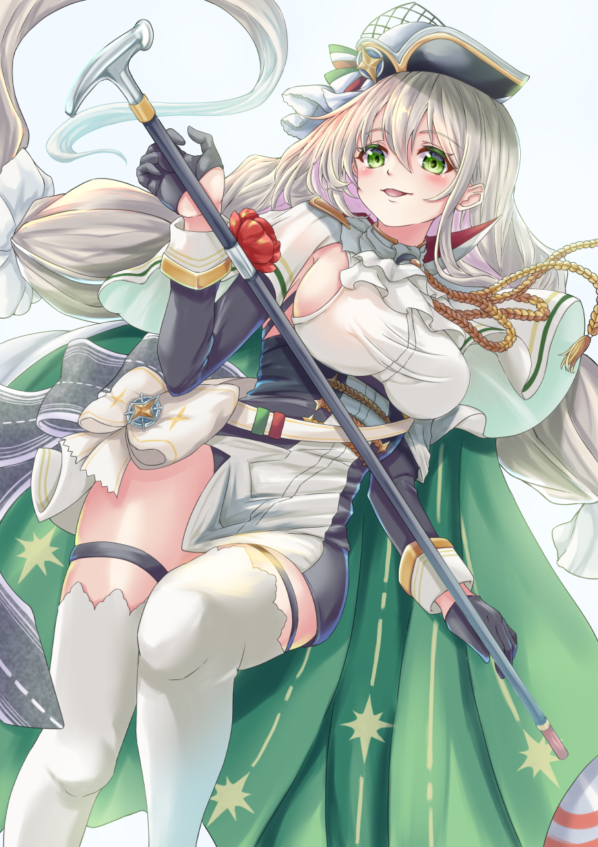 1girl absurdly_long_hair aiguillette aquila_(azur_lane) azur_lane black_headwear breasts cane cape capelet flight_deck gloves green_cape green_hair grey_hair hair_behind_ear hair_between_eyes half_gloves hat highres holding holding_cane italian_flag large_breasts long_hair low-tied_long_hair low_twintails sideboob simple_background solo thigh-highs thigh_strap thighs tricorne twintails very_long_hair white_background white_capelet white_legwear yam_(yam6056)