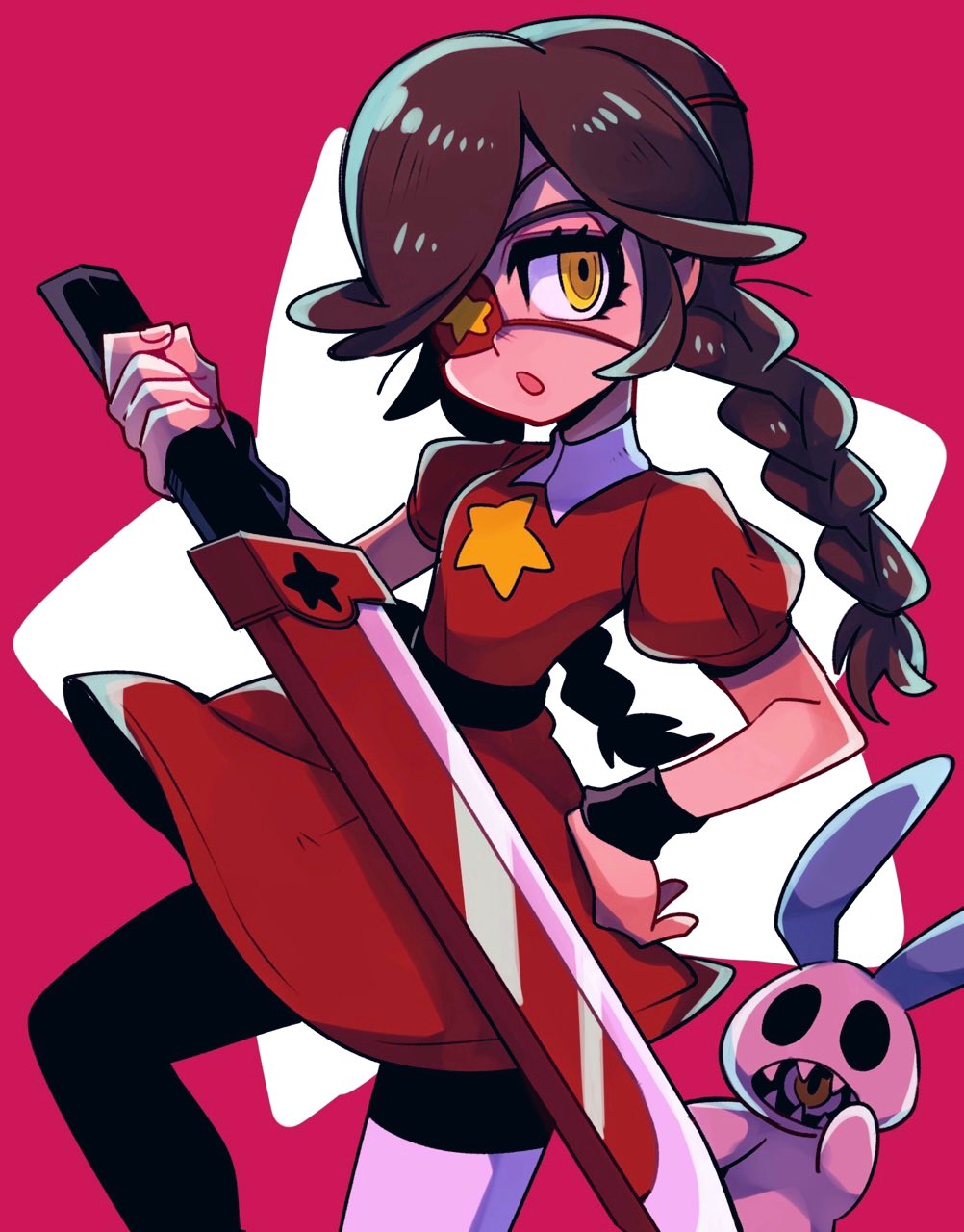 1girl alternate_costume annie_(skullgirls) brown_hair dress eyepatch flat_chest highres mako_gai puppet red_dress skullgirls star_(symbol) sword twintails weapon