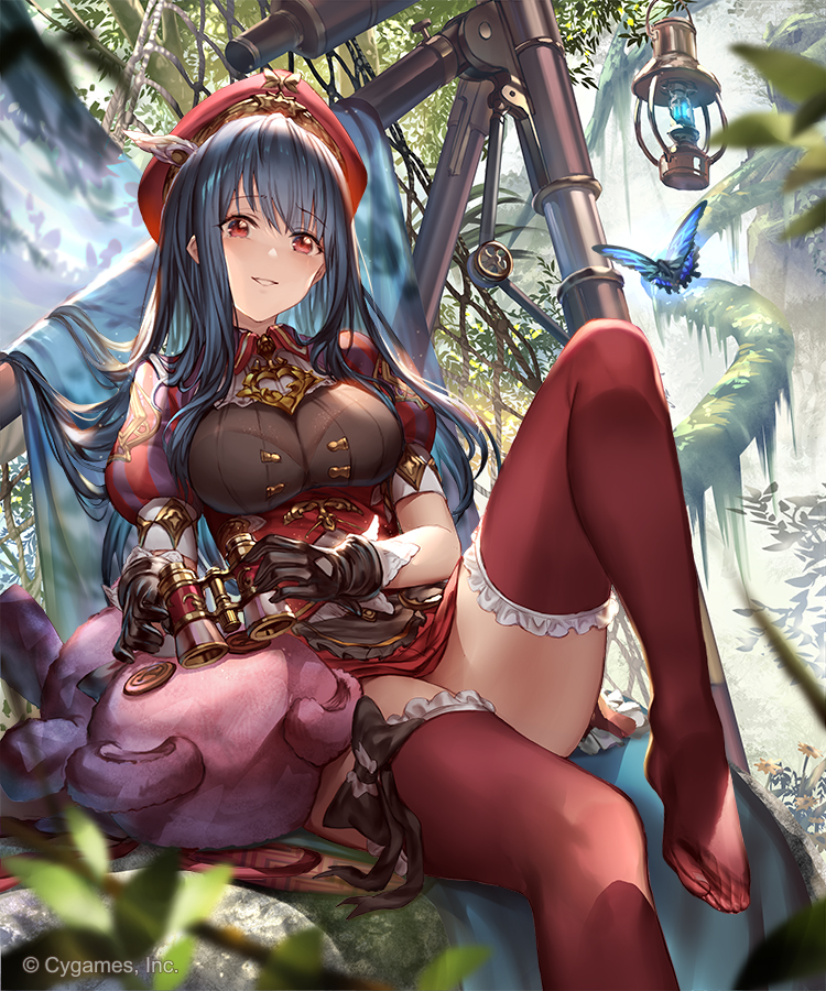 1girl 77gl bangs binoculars black_bow black_hair bow breasts bug butterfly eyebrows_visible_through_hair frilled_legwear hat insect long_hair looking_at_viewer medium_breasts puffy_short_sleeves puffy_sleeves red_eyes red_legwear shingeki_no_bahamut short_sleeves sitting solo telescope thigh-highs