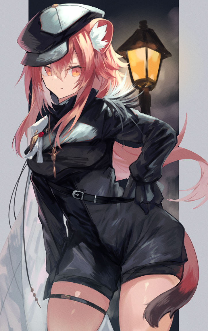 1girl animal_ear_fluff animal_ears arknights black_dress black_gloves black_headwear breasts cowboy_shot dress gloves gravel_(arknights) gravel_(modeling_night)_(arknights) hair_between_eyes hand_on_hip hat lamppost large_breasts long_hair looking_at_viewer mouse_ears mouse_girl mouse_tail official_alternate_costume pink_hair sasa_onigiri smile solo tail thigh_strap yellow_eyes