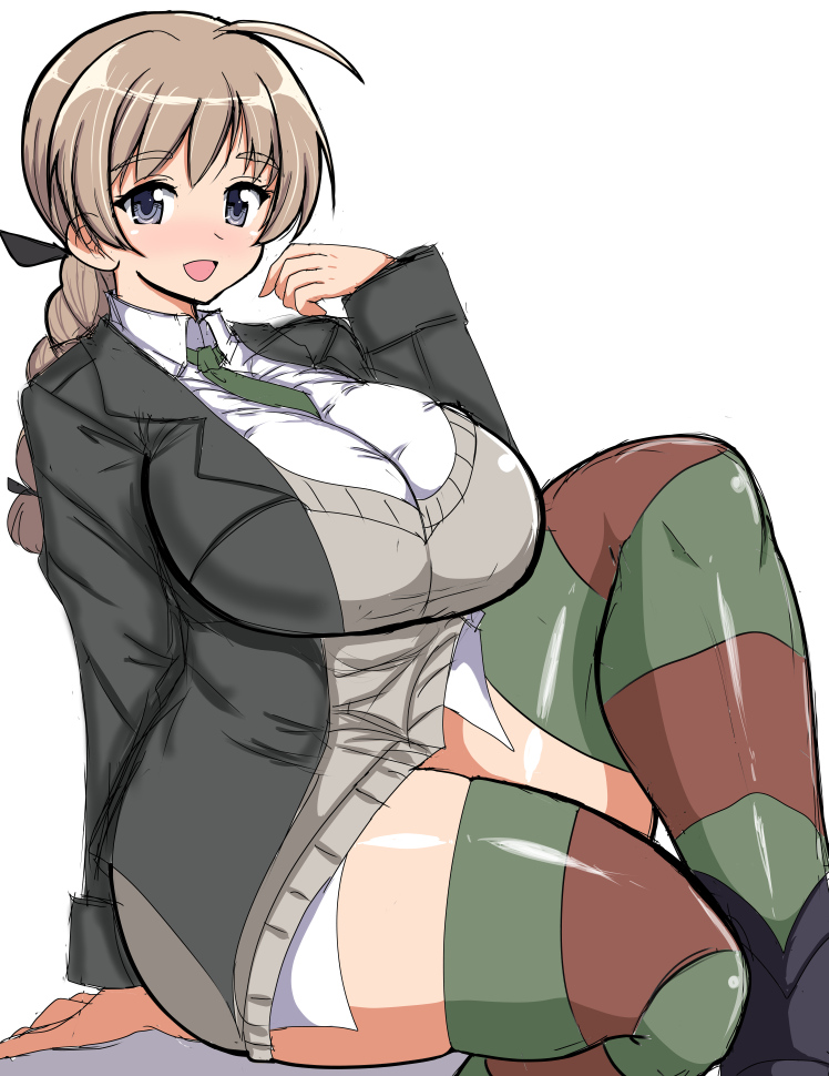 1girl blue_eyes blush braid breasts brown_hair huge_breasts kimisono long_hair looking_at_viewer lynette_bishop multicolored multicolored_clothes multicolored_legwear shiny shiny_hair shiny_skin simple_background single_braid sitting smile solo strike_witches striped striped_legwear sweater_vest thick_thighs thigh-highs thighs white_background world_witches_series