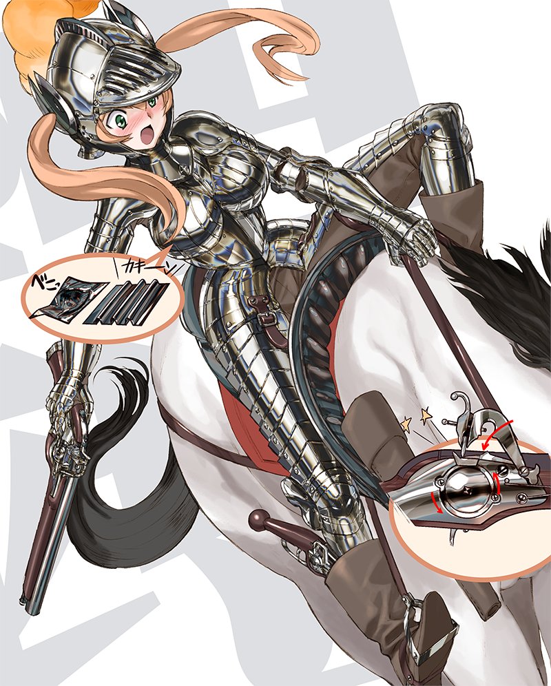 1girl antique_firearm armor boobplate boots breastplate breasts commentary_request faulds firearm firelock flintlock full_armor gauntlets green_eyes gun helmet holding holding_gun holding_weapon horse horseback_riding keuma knight large_breasts long_hair orange_hair original plate_armor plume reins riding saddle shiny shiny_clothes shoulder_armor stirrups twintails weapon weapon_in_legwear