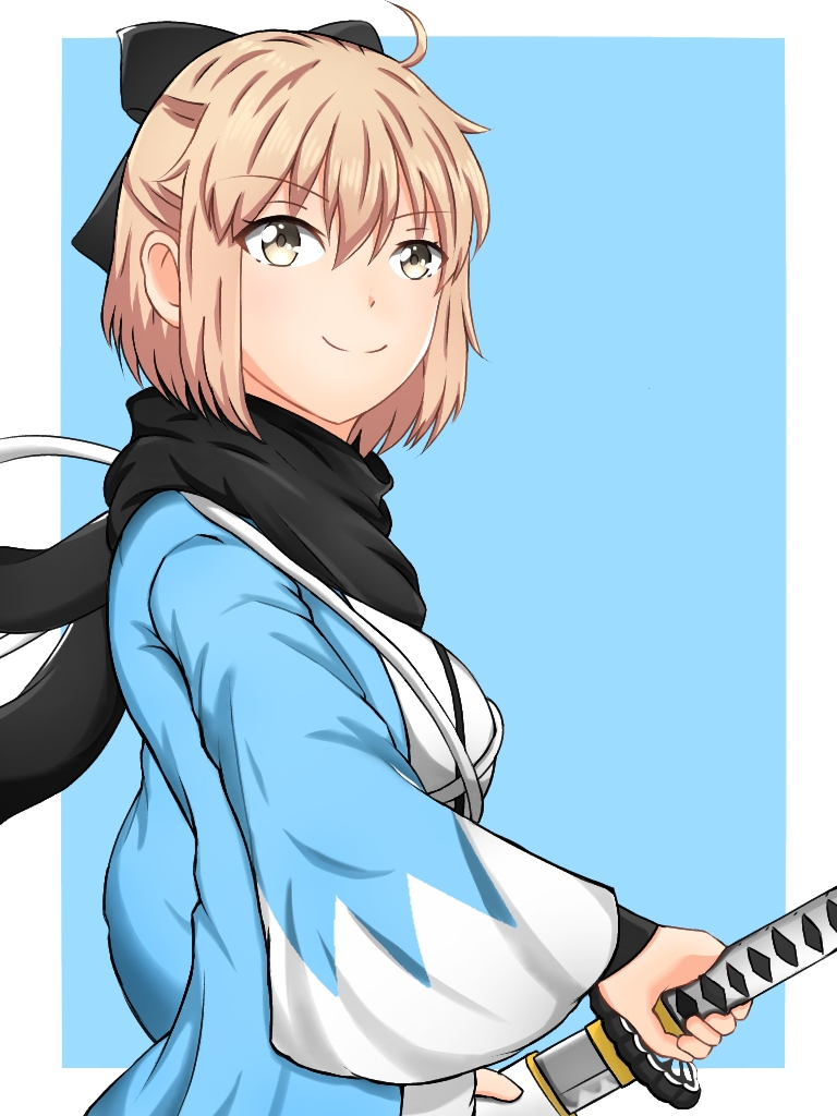 1girl aeris_xiii ahoge black_scarf blonde_hair blue_background border fate/grand_order fate_(series) hair_between_eyes haori japanese_clothes katana okita_souji_(fate) okita_souji_(fate)_(all) outside_border scarf sheath shinsengumi short_hair smile solo sword unsheathing upper_body weapon white_border wide_sleeves yellow_eyes