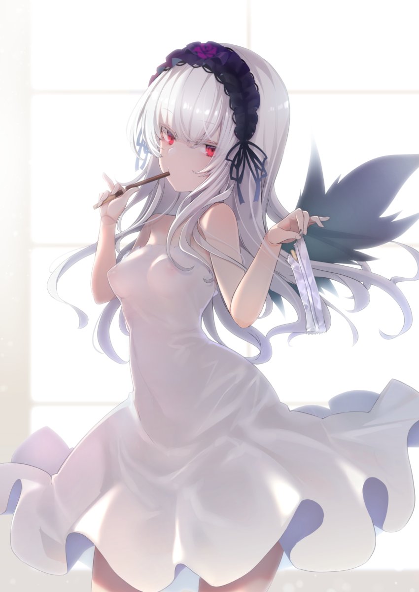 1girl black_wings bloom breasts cowboy_shot day dress eating fingernails food hairband highres indoors lolita_hairband long_hair looking_at_viewer medium_breasts navel nipples no_bra packet pocky rozen_maiden shoulerless_dress silver_hair solo suigintou thighs tousen translucent very_long_hair white_dress window wings