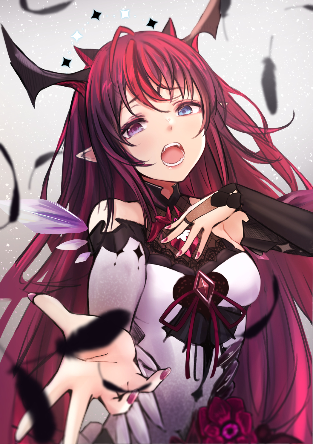 1girl bare_shoulders black_feathers blue_eyes bridal_gauntlets detached_sleeves detached_wings fangs feathers hand_on_own_chest heterochromia highres hololive hololive_english horns irys_(hololive) long_hair looking_at_viewer music pikao pointy_ears purple_hair purple_nails singing upper_body violet_eyes virtual_youtuber wings