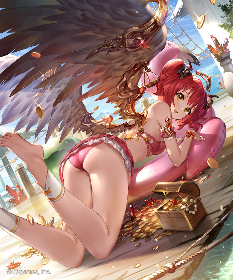 1girl 77gl angel_wings ass bangs bare_arms barefoot bikini bikini_skirt breasts commentary_request day feathered_wings from_behind gold_coin inflatable_raft jewelry legs_up looking_at_viewer looking_back necklace open_mouth outdoors pearl_necklace plant red_bikini redhead rope_ladder ruby_(shingeki_no_bahamut) shingeki_no_bahamut small_breasts smile solo swimsuit thighs treasure_chest wings wooden_floor yellow_eyes
