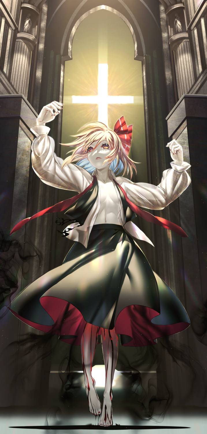 +_+ 1girl barefoot black_dress blonde_hair blood breasts church closed_mouth collared_shirt cross darkness dress hair_ribbon highres indoors jewelry medium_hair midriff open_clothes open_shirt pale_skin red_eyes red_neckwear red_ribbon ribbon rumia shirt short_hair shukusuri small_breasts solo touhou white_shirt yellow_eyes