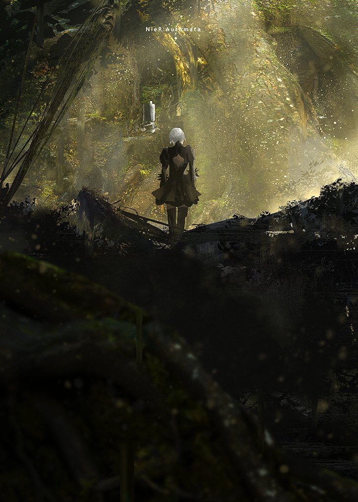 1girl back_cutout black_dress boots clothing_cutout dress feather-trimmed_sleeves from_behind juliet_sleeves long_sleeves nier_(series) nier_automata otsumami_(bu-bu-heaven) outdoors pod_(nier_automata) puffy_sleeves silver_hair standing thigh-highs thighhighs_under_boots title yorha_no._2_type_b