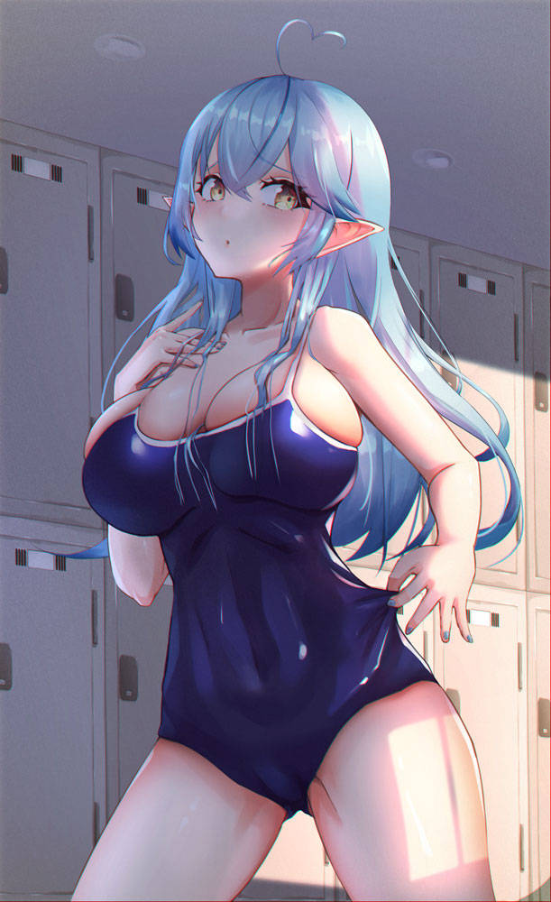 :o adjusting_clothes adjusting_swimsuit ahoge blue_hair blue_swimsuit blush breasts competition_school_swimsuit competition_swimsuit cowboy_shot dreamkite elf hair_between_eyes hand_on_hip hand_on_own_chest heart_ahoge heart_hair hololive indoors large_breasts locker locker_room long_hair looking_at_viewer looking_down multicolored_hair one-piece_swimsuit pointy_ears school_swimsuit solo standing streaked_hair swimsuit very_long_hair virtual_youtuber yellow_eyes yukihana_lamy