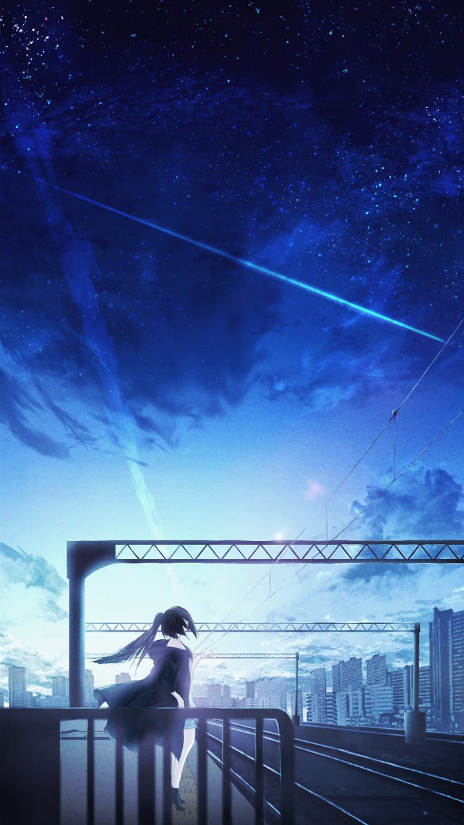 1girl black_cape black_footwear black_hair blue_sky building cape character_request city clouds cloudy_sky comet commentary_request day denim denim_shorts hand_in_pocket hand_up high_heels highres hoshino_mizuki_(hoshino_263f) lens_flare long_hair ponytail railing railroad_tracks scenery shorts sky solo standing star_(sky) sunlight wide_shot