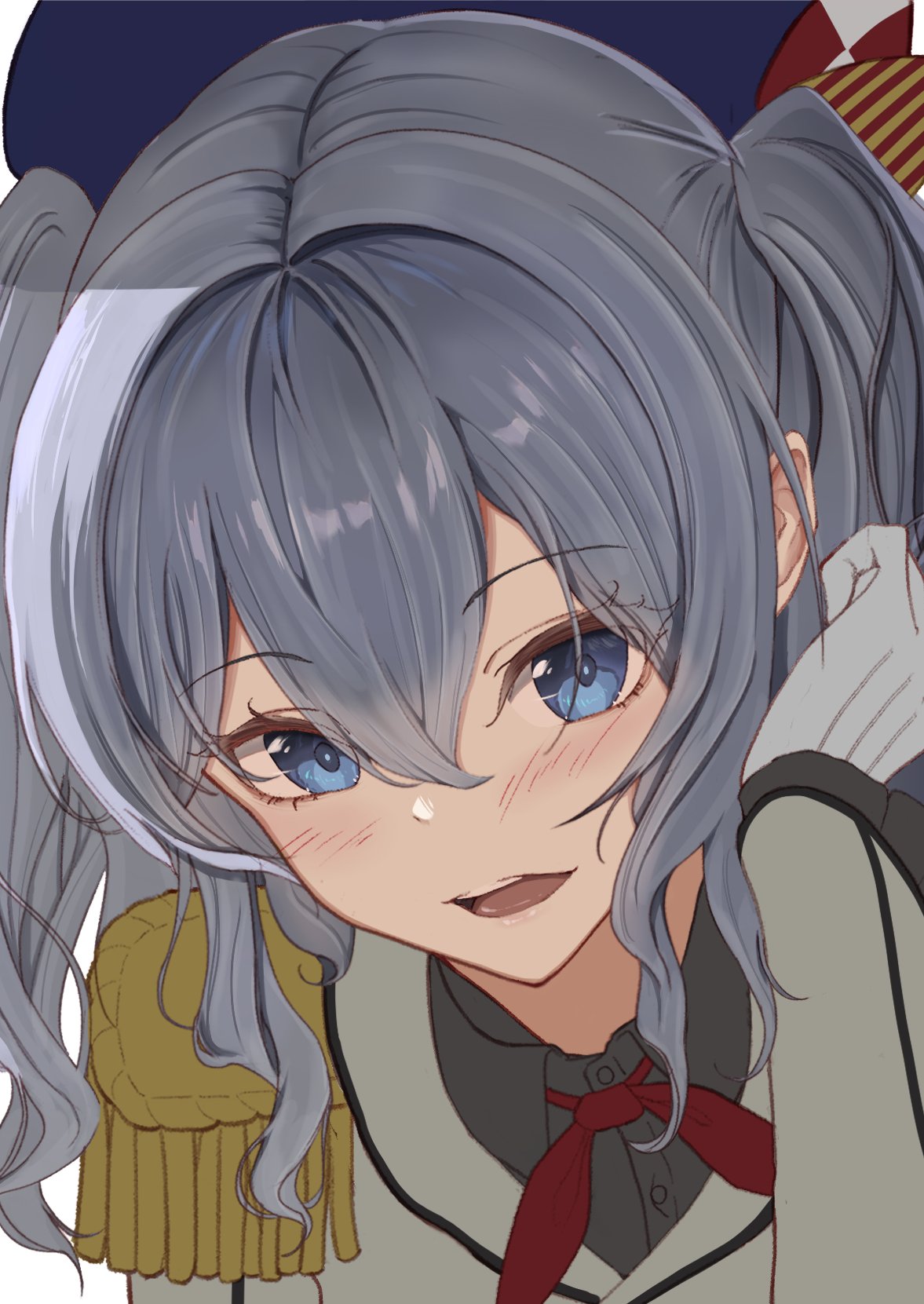 1girl blue_eyes commentary_request epaulettes gloves grey_hair highres jacket kantai_collection kashima_(kancolle) long_hair long_sleeves looking_at_viewer military military_jacket military_uniform neckerchief red_neckerchief sidelocks solo taki_rentaro twintails unfinished uniform upper_body wavy_hair white_gloves white_jacket