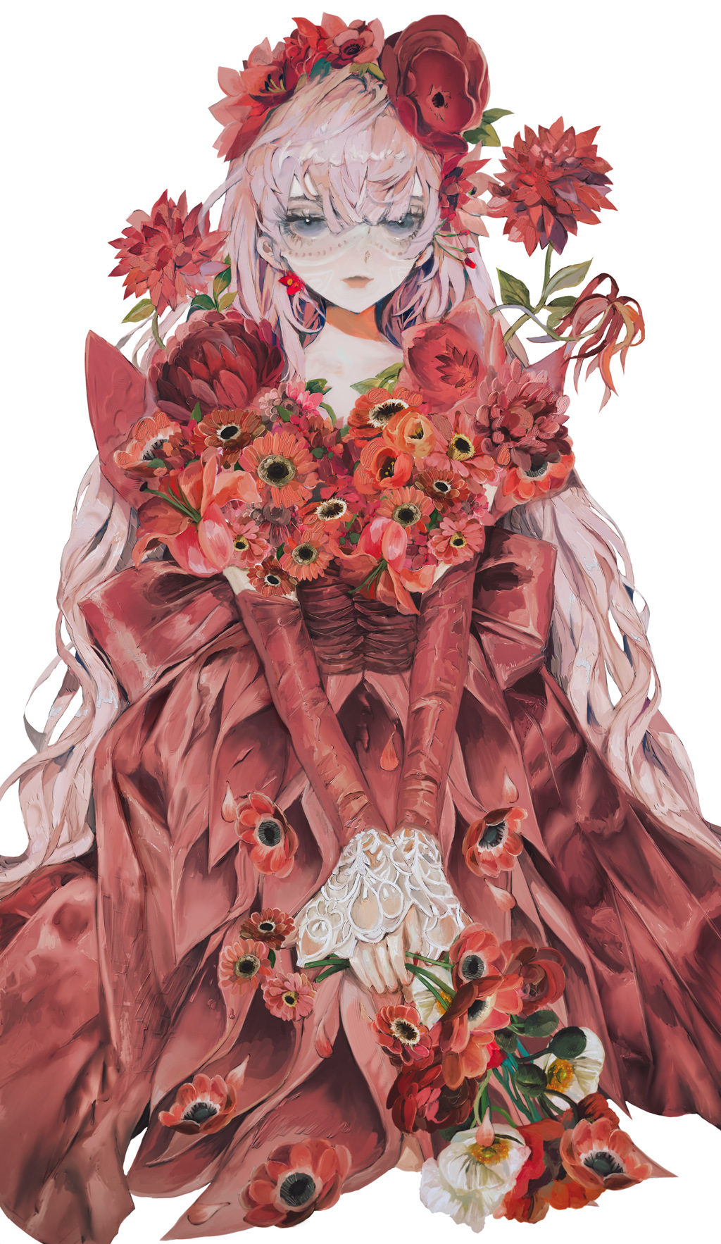1girl closed_mouth detached_sleeves dress earrings eyebrows_behind_hair flower grey_eyes hair_flower hair_ornament highres holding holding_flower jewelry long_dress long_hair long_sleeves looking_at_viewer original pink_hair red_dress red_flower red_theme simple_background solo very_long_hair white_background yogisya