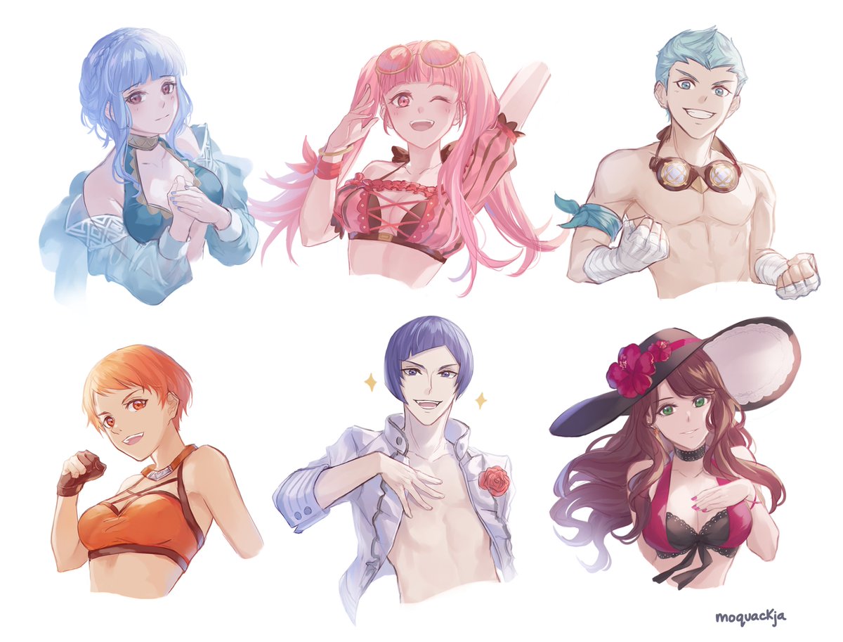 2boys 4girls :d ;d artist_name bandages bandeau bangs bare_shoulders bikini black_choker black_headwear blue_bikini blue_hair breasts brown_eyes caspar_von_bergliez choker clenched_hand commentary cropped_torso dorothea_arnault eyebrows_visible_through_hair eyewear_on_head fire_emblem fire_emblem:_three_houses fire_emblem_heroes flower goggles goggles_around_neck grin hair_flower hair_ornament hand_on_own_chest hand_up hat hibiscus hilda_valentine_goneril jacket large_breasts leonie_pinelli long_hair looking_at_viewer lorenz_hellman_gloucester marianne_von_edmund medium_breasts moja_(moquackja) multiple_boys multiple_girls nail_polish off-shoulder_bikini off_shoulder one_eye_closed open_clothes open_jacket open_mouth orange_bikini orange_eyes orange_hair parted_lips pink_bikini pink_eyes pink_hair pink_nails puffy_short_sleeves puffy_sleeves purple_hair red_flower red_rose rose round_eyewear shirtless short_hair short_sleeves signature simple_background smile sparkle sun_hat sunglasses swimsuit twintails upper_body violet_eyes white_background white_jacket wrist_wrap