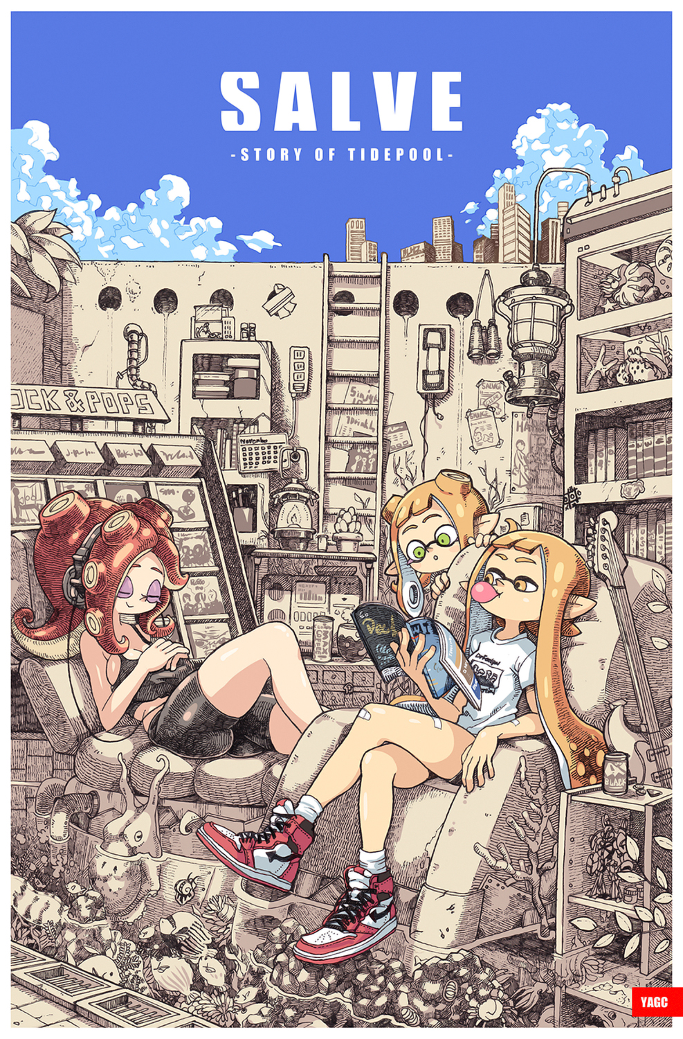 3girls bangs black_shorts blue_sky building chair chewing_gum city closed_eyes closed_mouth clouds green_eyes hand_on_own_chest headphones highres holding holding_magazine indoors inkling ladder lantern leaf long_hair magazine multiple_girls no_roof octoling orange_eyes orange_hair peeking_out reading red_footwear redhead shell shirt shoes short_hair shorts sitting sky skyscraper sleeping smile splatoon_(series) splatoon_2 splatoon_2:_octo_expansion tentacle_hair title white_shirt yuta_agc