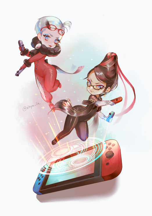 2girls artist_request bayonetta bayonetta_(character) belt black-framed_eyewear black_hair bodysuit chibi commentary earrings eyeliner feathers glasses hair_ribbon jeanne_(bayonetta) jewelry joy-con long_hair makeup mole mole_under_mouth multiple_girls nintendo_switch red-framed_eyewear red_lips ribbon shadow shiny shiny_hair short_hair simple_background twitter_username very_long_hair white_background white_hair