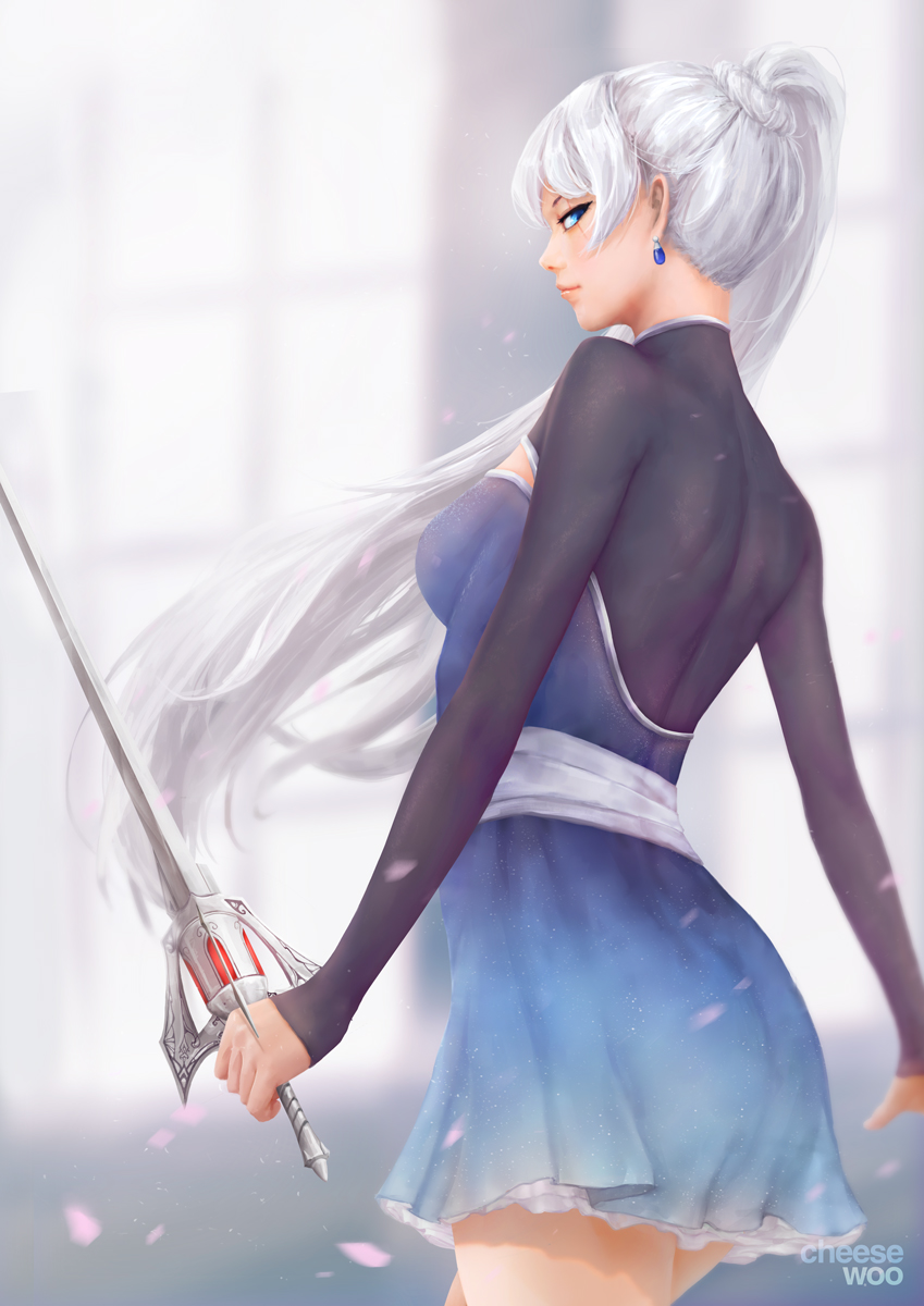 artist_name ass back blue_eyes breasts cheesewoo1 dress earrings floating_hair from_side highres holding holding_sword holding_weapon jewelry lips long_hair long_sleeves looking_to_the_side myrtenaster petals ponytail rapier rwby scar scar_across_eye short_dress small_breasts solo sword thighs very_long_hair weapon weiss_schnee white_hair window