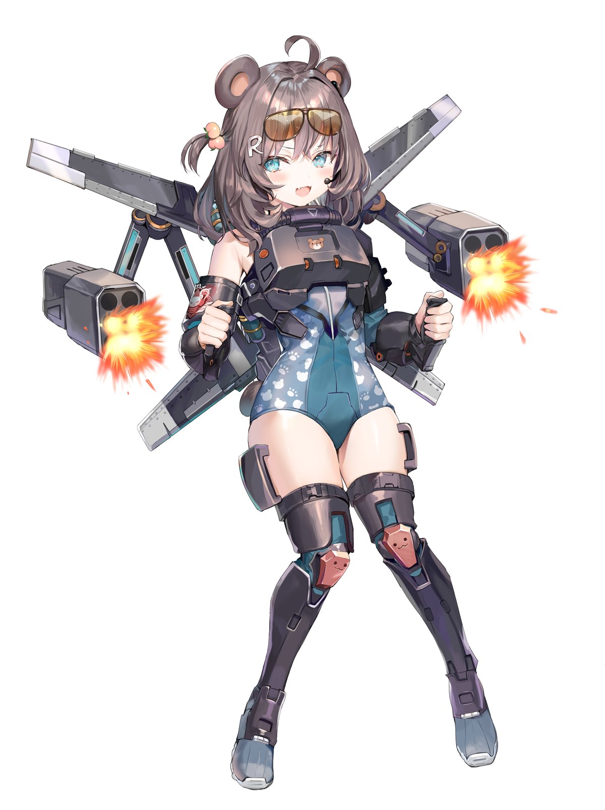 1girl animal_ears apex_legends bear_ears bear_girl blue_eyes blue_leotard blush bracer brown_hair cosplay firing highres jetpack leotard looking_at_viewer mechanical_wings metal_boots missile_pod momoko_(momopoco) open_mouth original science_fiction smile solo thigh-highs valkyrie_(apex_legends) valkyrie_(apex_legends)_(cosplay) wings