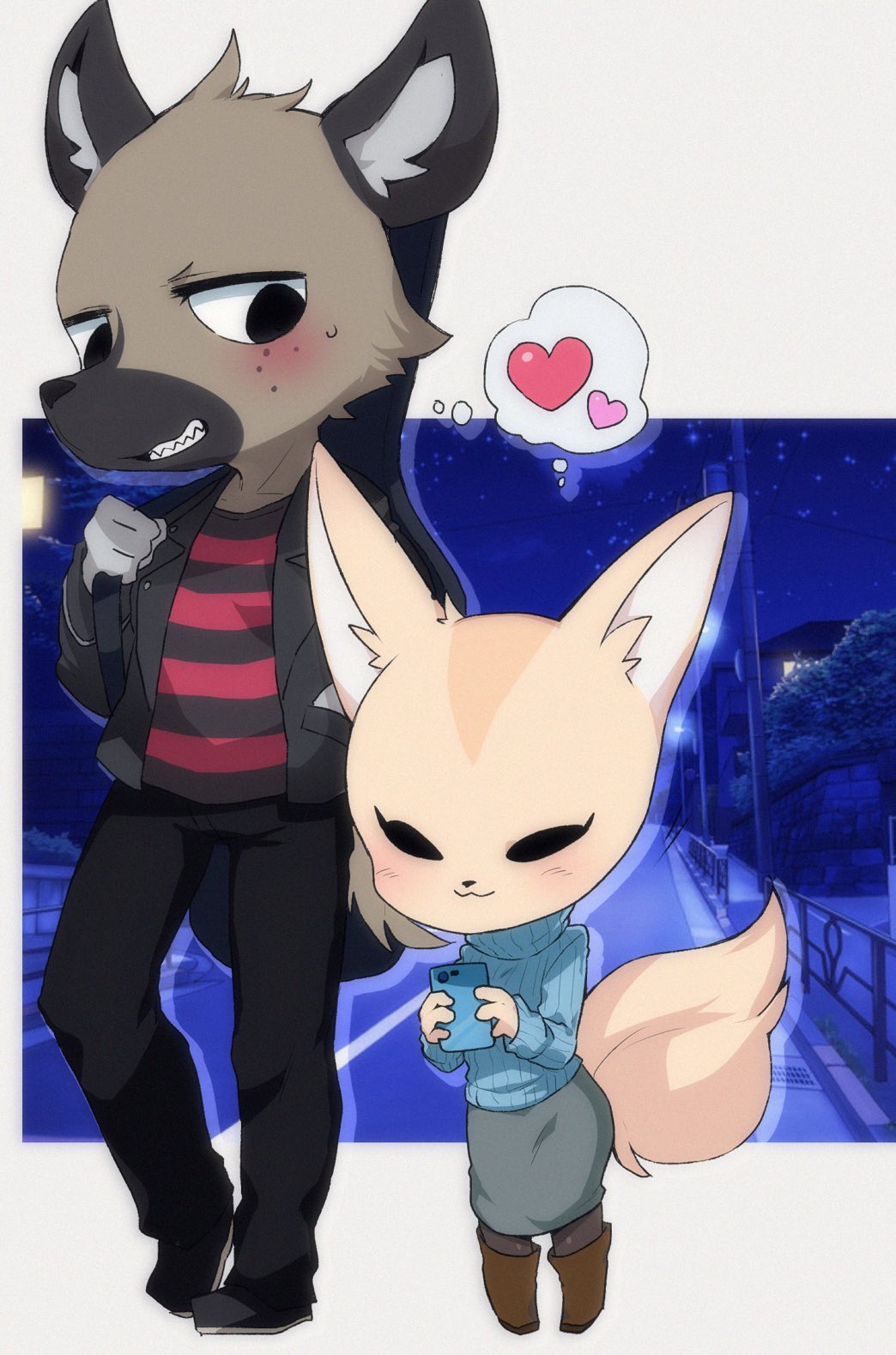 1boy 1girl aggressive_retsuko bass_guitar blush boots casual cellphone couple fennec_fox fenneko furry green_eyes haida_(aggretsuko) heart highres hyena instrument looking_at_another night phone pointy_ears shared_thought_bubble shirt skirt smartphone smile ss_komu striped striped_shirt tail thought_bubble walking