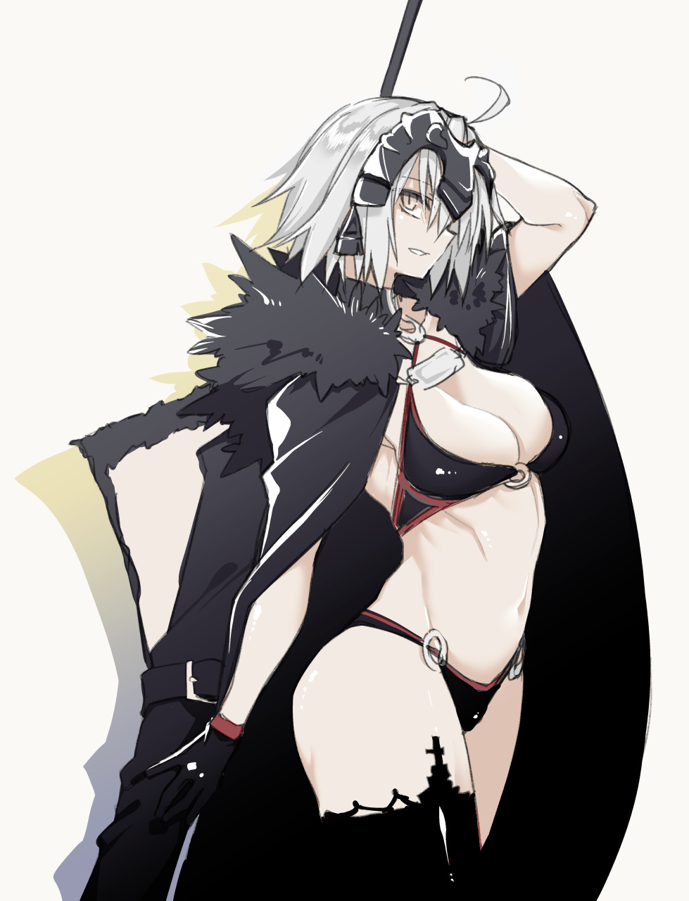 10mo 1girl bangs bikini black_bikini black_gloves black_legwear breasts cape cowboy_shot fate/grand_order fate_(series) fur-trimmed_cape fur_collar fur_trim gloves headpiece highres jeanne_d'arc_(alter)_(fate) jeanne_d'arc_(alter_swimsuit_berserker)_(fate) jeanne_d'arc_(fate)_(all) large_breasts navel o-ring o-ring_bikini short_hair silver_hair single_thighhigh swimsuit thigh-highs tsurime yellow_eyes