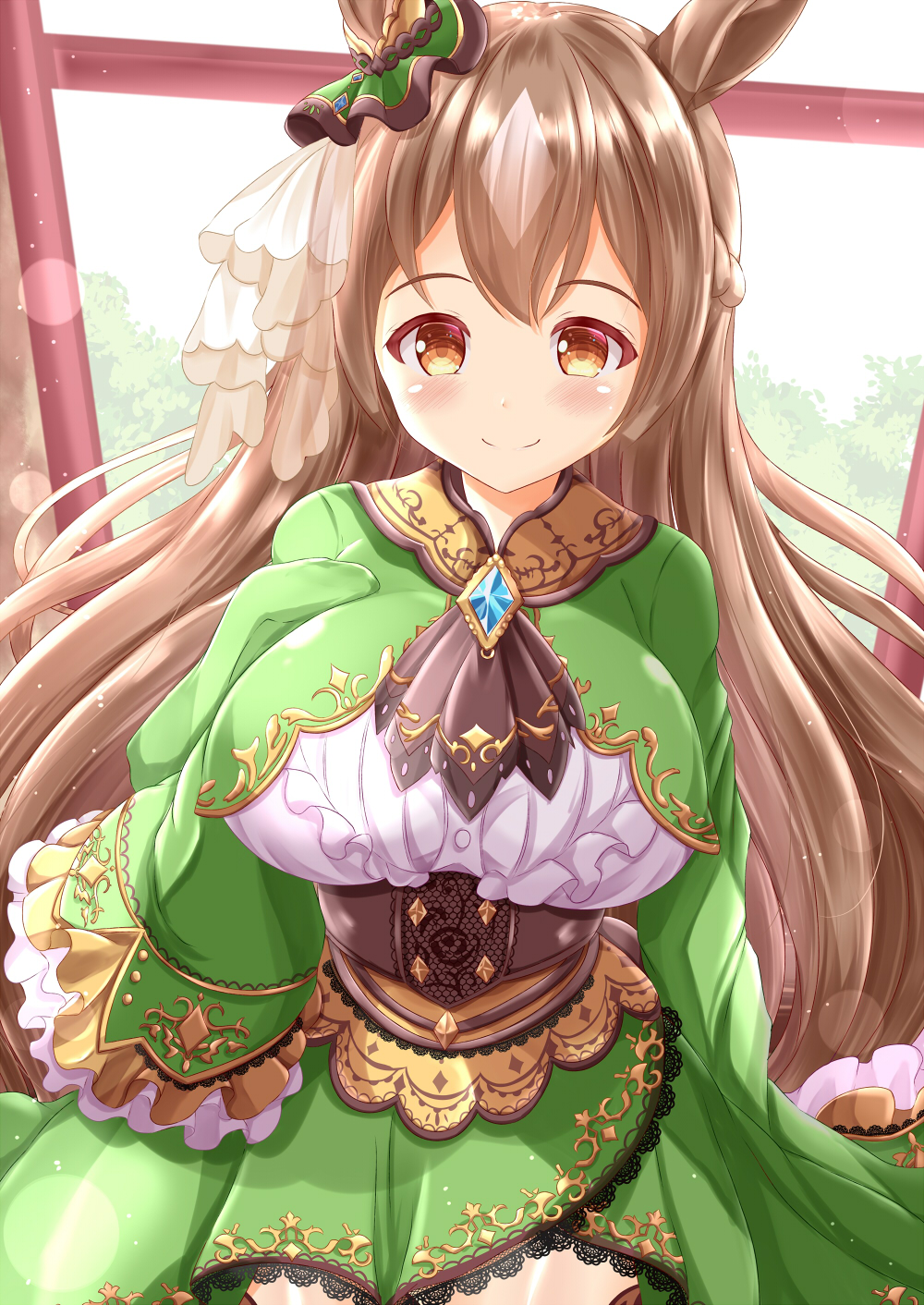 1girl animal_ears bangs blush braid brown_eyes brown_hair closed_mouth commentary_request cropped_jacket eyebrows_visible_through_hair frilled_skirt frills green_jacket green_skirt highres horse_ears jacket lace-trimmed_skirt lace_trim long_hair long_sleeves looking_at_viewer satono_diamond shirt skirt sleeves_past_fingers sleeves_past_wrists smile solo umamusume very_long_hair white_shirt window zenon_(for_achieve)