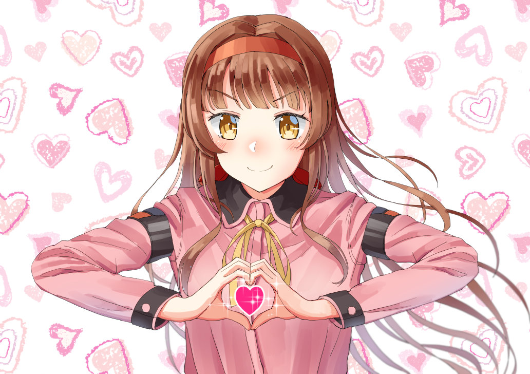 1girl bangs blunt_bangs brown_hair commentary_request green_eyes heart heart_background heart_hands helena_(kancolle) kantai_collection long_hair long_sleeves looking_at_viewer mayura2002 neck_ribbon official_alternate_costume pink_shirt ribbon shirt solo upper_body white_background yellow_ribbon