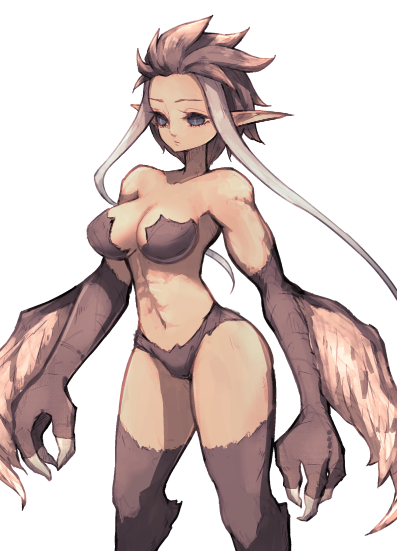 1girl breasts bright_pupils brown_hair claws closed_mouth copyright_request grey_eyes harpy lamb-oic029 medium_breasts monster_girl navel paws pointy_ears short_hair_with_long_locks sidelocks simple_background slit_pupils solo standing white_background white_pupils